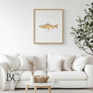 May include: A framed print of a brown trout fish with the text "Brown Trout" underneath. The print is hanging on a white wall above a white couch with throw pillows.