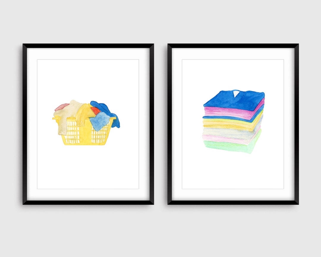 Watercolor Laundry Room Decor, Laundry Basket Art, Watercolor Laundry Room Art Print Set of 2