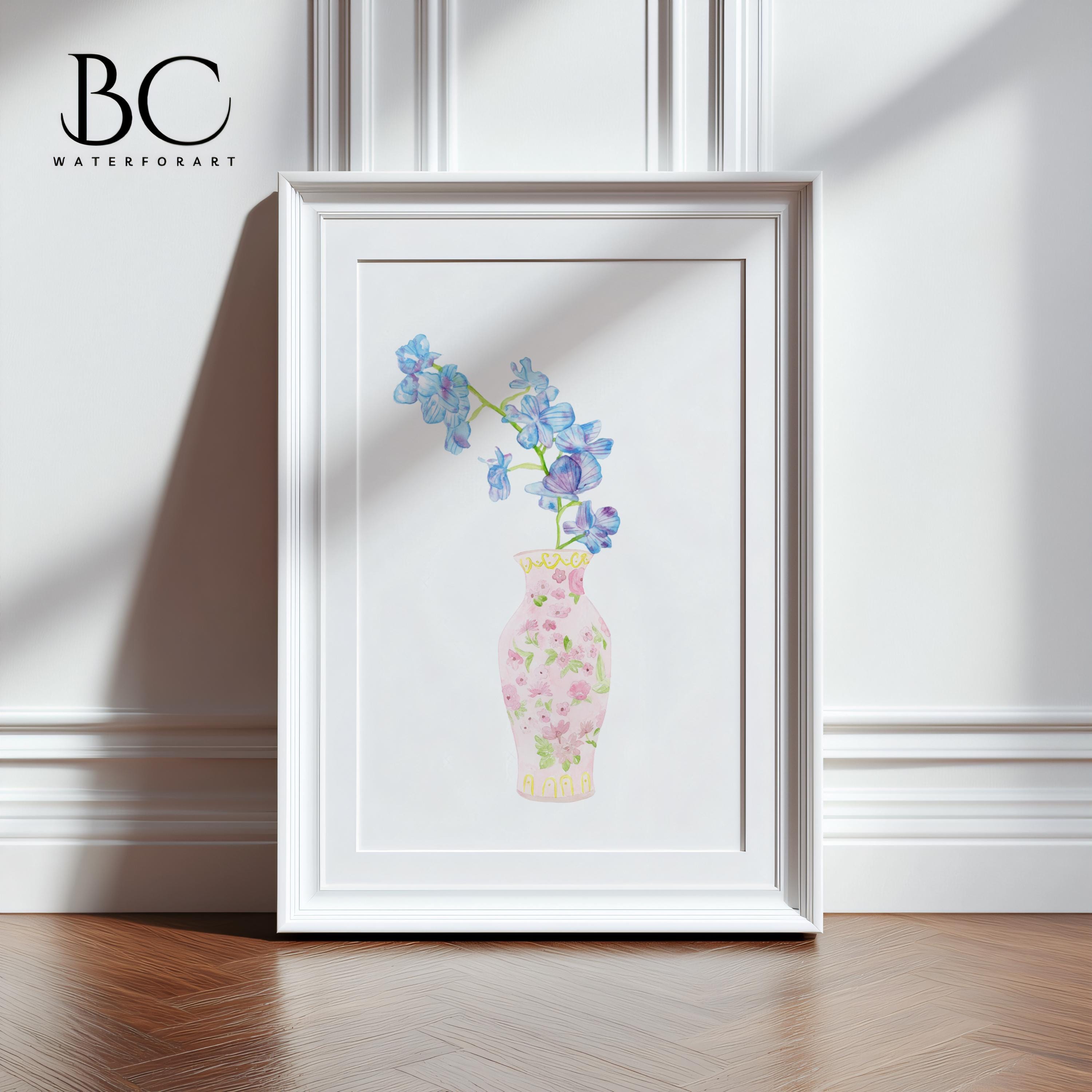 Watercolor blue orchid in pink floral vase art print, Botanical living room, bedroom or kitchen decor, Orchid wall art, Orchid lover gift