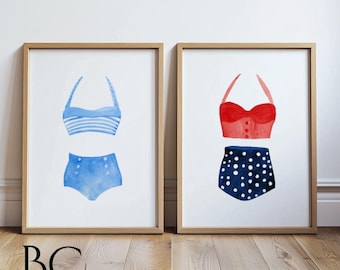 Vintage style swimsuit watercolor prints, Swimwear & bathing suit wall art,  Perfect beach House and lake house decor, Beach lover art gift