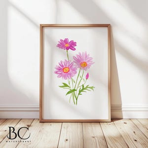 Impresión artística de margaritas rosas en acuarela, arte floral de acuarela rosa, impresiones botánicas, pintura de margaritas en acuarela, decoración de cocina con margaritas, arte de margaritas