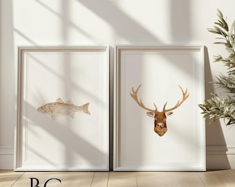 Watercolor fishing hunting art set, Fishing Art Print, Nursery hunting print, Nursery fishing print, Fish Decor, Animal print set