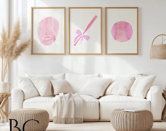 Pink watercolor Softball Nursery wall art set of 3, Softball Glove, bats and ball prints, pink sports decor, Baby girl gift