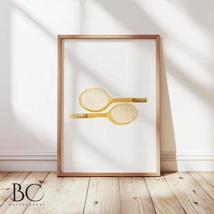 Impressão de raquete de tênis em aquarela, pôster de tênis, arte de raquete de tênis, arte esportiva para berçário, decoração esportiva, arte de parede de tênis vintage, berçário de tênis