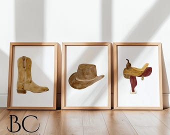 Watercolor Texas Wall Art Print Set of 3, Western Gallery Wall Art, Western Cowboy Lifestyle Decor, Western Country Farm Lake House Art Gift