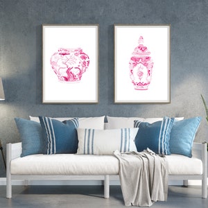 Hot Pink Watercolor Chinoiserie Print, Set of 2 Hot Pink Vases, Pink Watercolor Porcelain, Hot Pink Wall Art, Pink Wall Art Set, Pink Vases image 2