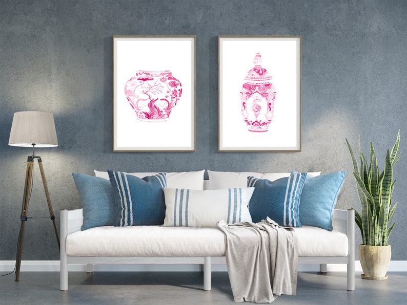 Hot Pink Watercolor Chinoiserie Print, Set of 2 Hot Pink Vases, Pink Watercolor Porcelain, Hot Pink Wall Art, Pink Wall Art Set, Pink Vases image 2
