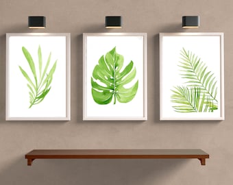Watercolor Tropical Palm Leaves Print, Set Of 3 Wall Art, Banana Leaf Print, monstera leaf, Palm Leaf Wall Art, Leaves Prints