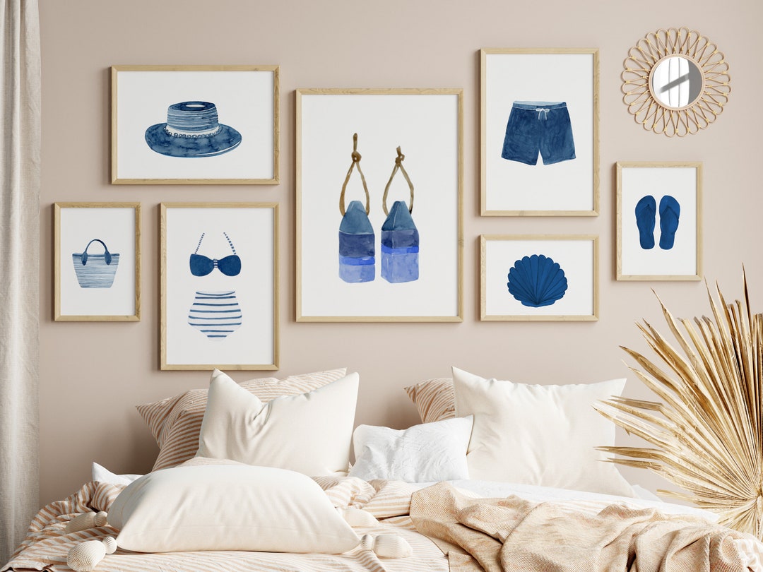 Watercolor Beach House Art Print Set, Vintage Swimwear Art, Perfect