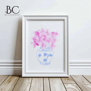Watercolor Hot Pink Hydrangea Print, Watercolor Pink Hydrangea Print, Hydrangea Blue Vase, Watercolor Hydrangea Wall Art, Pink Flower Print