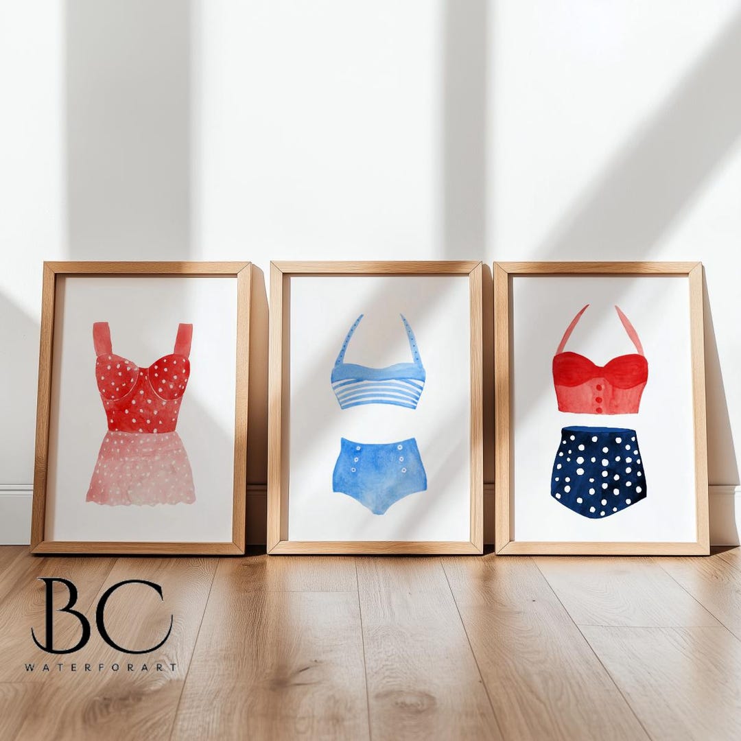 Vintage Style Watercolor Swimsuit Art Print Set, Swimwear Art Decor ...