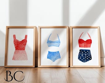 Vintage style watercolor swimsuit art print set, Swimwear art decor, Bathing suit art, Beach House or Lake House Wall Art, Beach lover gift