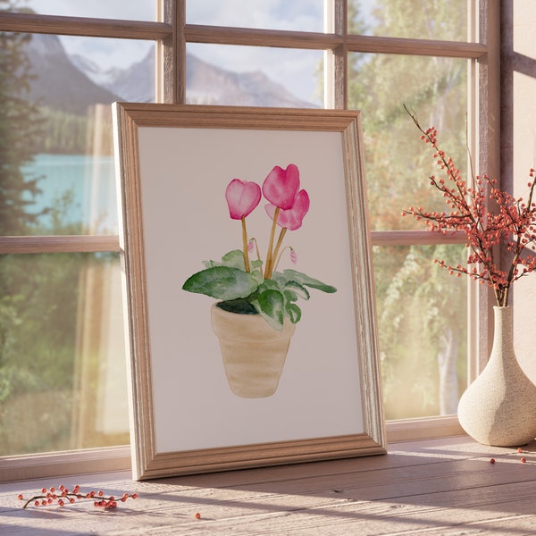 Watercolor Pink Cyclamen Art Print, Wildflower Home Wall Decor, Farmhouse or Country Home Decor, Pink Flower Lover gift