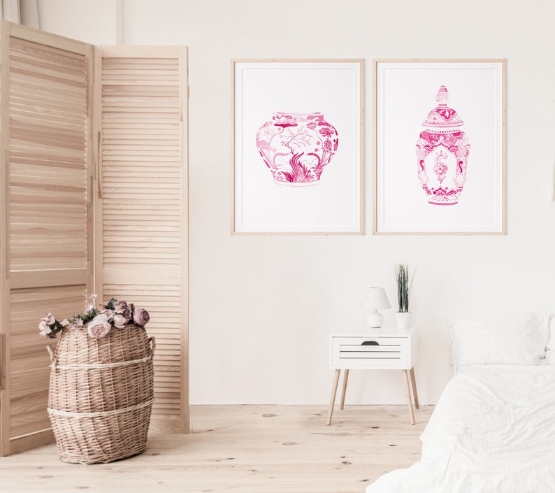 Hot Pink Watercolor Chinoiserie Print, Set of 2 Hot Pink Vases, Pink Watercolor Porcelain, Hot Pink Wall Art, Pink Wall Art Set, Pink Vases image 4