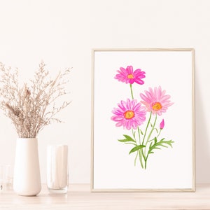 Watercolor Pink Daisy Art Print, Pink Watercolor Flower art, Botanical Prints, Watercolor Daisy Painting, Daisies Kitchen Decor, Daisy Art image 2