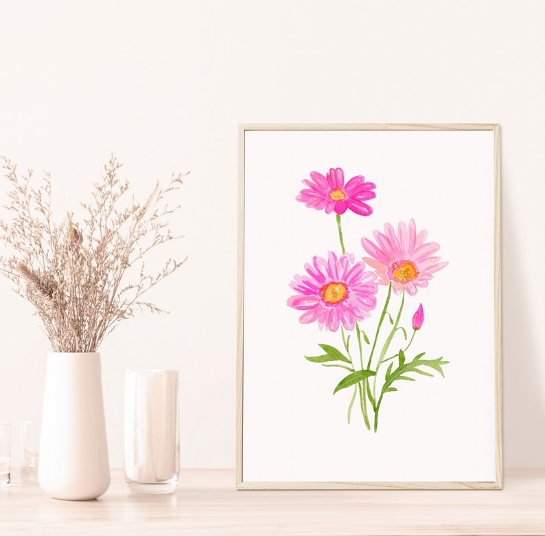 Watercolor Pink Daisy Art Print, Pink Watercolor Flower art, Botanical Prints, Watercolor Daisy Painting, Daisies Kitchen Decor, Daisy Art image 2