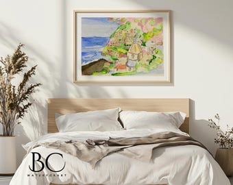Positano Watercolor Art Print: Italy Sunset Painting
