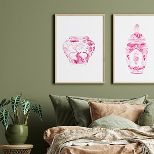 Hot Pink Watercolor Chinoiserie Print, Set of 2 Hot Pink Vases, Pink Watercolor Porcelain, Hot Pink Wall Art, Pink Wall Art Set, Pink Vases image 5