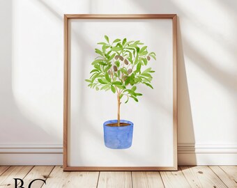 Watercolor Olive Tree print, Kitchen Decor, Garden & Home olive decor, Olive tree in blue pot art, Olive lover gift, Greek olives art decor