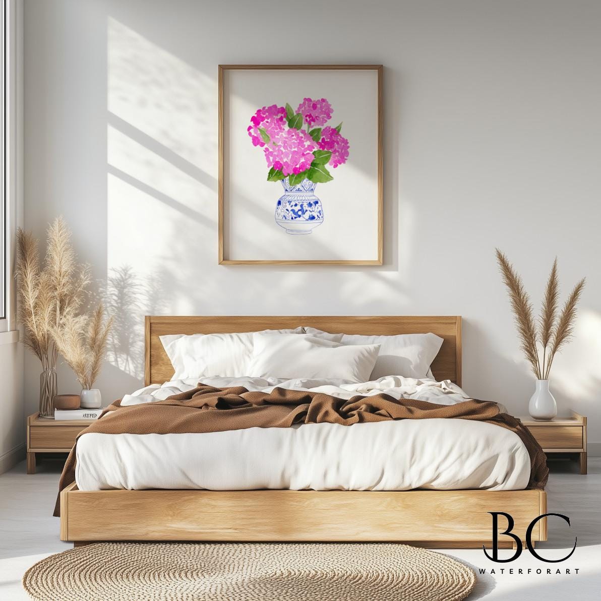 Watercolor Pink Hydrangea in Blue Vase Art Print, Hydrangea Blue and ...
