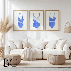 Watercolor Swimsuit Art Print Set: Vintage Nautical Beach House Decor