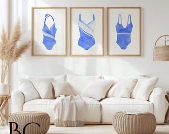Watercolor Swimsuit Art Print Set: Vintage Nautical Beach House Decor