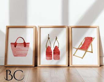 Conjunto de arte mural de playa en acuarela roja, bolsa de silla de playa y boya de langosta, decoración de casa de playa, arte de casa de playa y casa del lago, regalo para amantes de la playa.