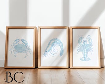 Coastal Wall Art Set of 3, Lobster Shrimp Crab Prints, Nautical Bathroom & Kitchen Decor, Beach House Wall Art, Blue Ocean Sea Life Prints