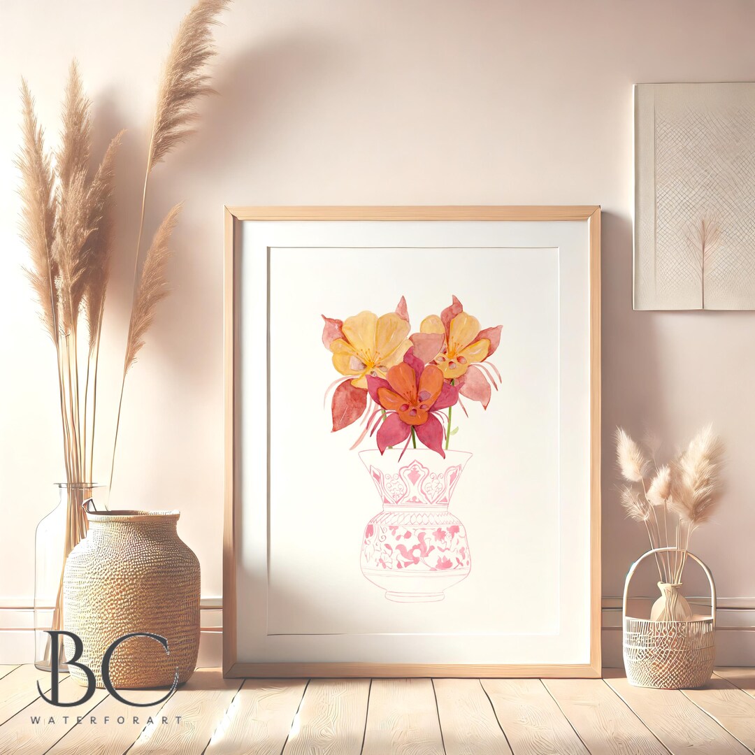 水彩コロンバインアートプリント：ピンクのシノワズリ花瓶、花柄の
