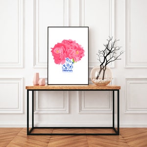Coastal Blues Watercolor porcelain print, Watercolor pink Peonies Chinoiserie Vases, Blue and White porcelain, Pink floral watercolor image 4