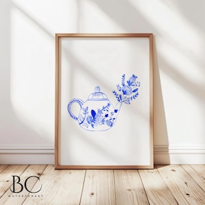 Watercolor vintage blue coffee makers print, Teapot kitchen wall art, teapot print, blue and white china porcelain, tea coffee lover gift