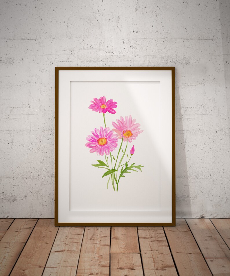 Watercolor Pink Daisy Art Print, Pink Watercolor Flower art, Botanical Prints, Watercolor Daisy Painting, Daisies Kitchen Decor, Daisy Art image 6