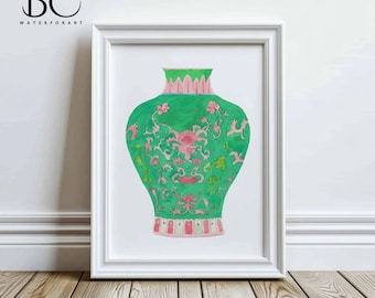 Watercolor Green Porcelain Vase Print, Famille Rose Vase Art, Famille Rose medallion Home Decor, Chinoiserie artwork, Chinoiserie Lover Gift