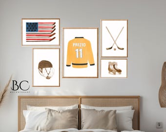 Conjunto de impressão de arte de parede de galeria de hóquei no gelo personalizado, decoração de sala de hóquei, impressões esportivas, presente para amantes de hóquei, decoração de berçário ou quarto infantil de hóquei