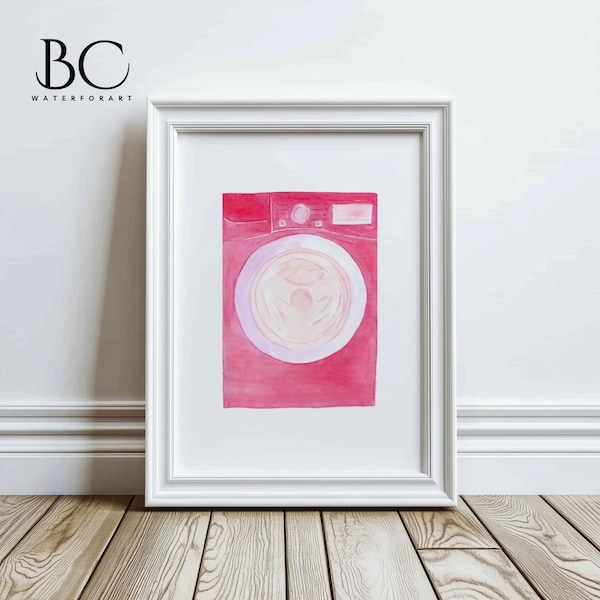 Decoração de arte em aquarela para lavanderia, impressão de arte em máquina de lavar roupa rosa, impressão em aquarela para lavanderia, decoração para casa, arte de parede para lavanderia rosa