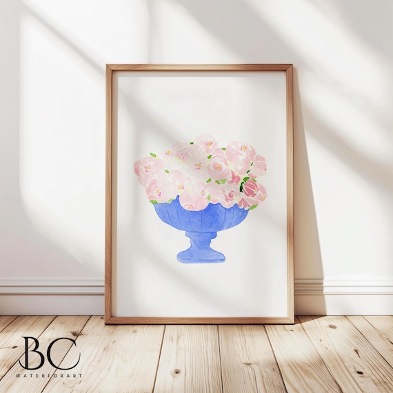 Watercolor Pink Peonies Art Print: Floral Vase Decor