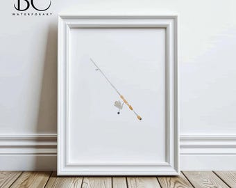 Watercolor Fishing Art Print, Fisherman Gift, Fishing Decor, Fishing Wall Gallery, Fishing Rod and Fishing reel art, Fishing Gift