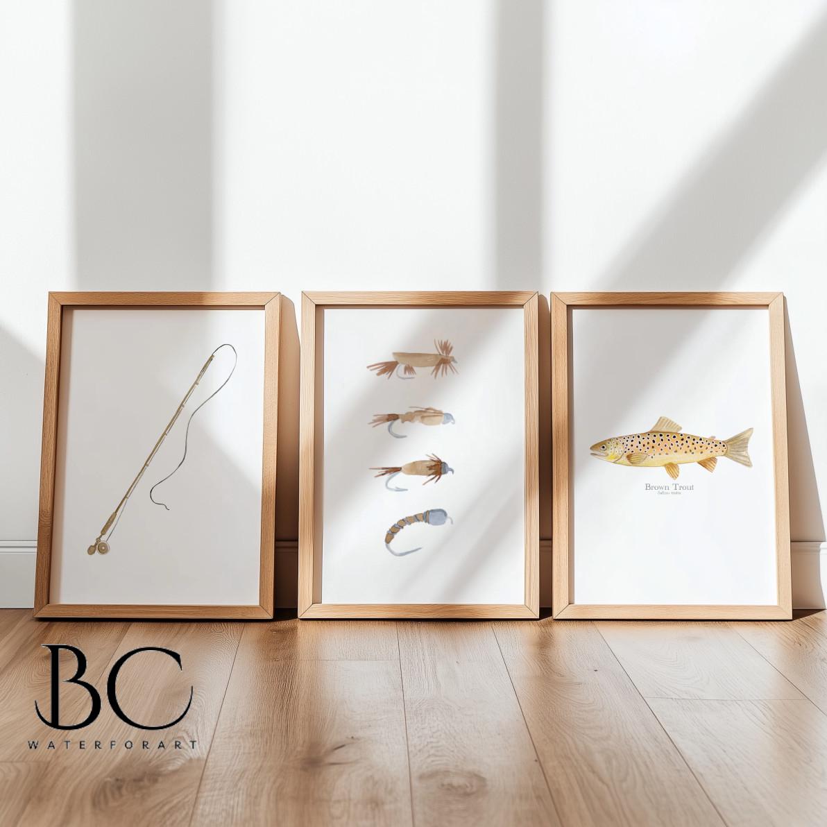 Watercolor Trout Fly Fishing Art Print set, Fishing Rod, Fishing Lures art, Fishing Lover Art Gift, Freshwater Fishing Wall Gallery Decor