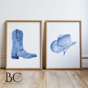 Watercolor Western Cowboy Boot and Hat Art Print Set, Western Print, Texas Art, Farmhouse, Cottage, Country Home Decor, Blue cowboy Hat art