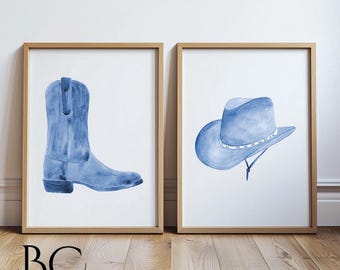 Watercolor Western Cowboy Boot and Hat Art Print Set, Western Print, Texas Art, Farmhouse, Cottage, Country Home Decor, Blue cowboy Hat art
