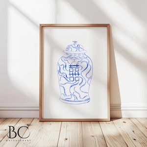 Watercolor chinoiserie vase art print, chinoiserie ginger jar print, porcelain wall art, blue & white art decor, Double happiness prints