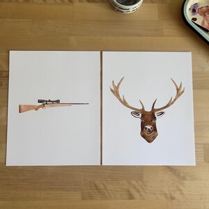 Watercolor Hunting Art Set of 2, Hunting Riffle & Deer Art Print ...