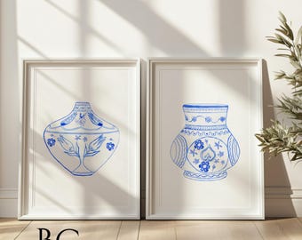 Chinoiserie Vase Art Prints: Blue Porcelain Watercolor Set of 2