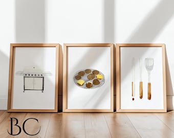 Zestaw wydruków artystycznych z grillem: dekoracja ścienna do kuchni i patio