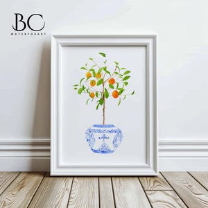 Watercolor orange tree print, Blue and White ginger jar Print, orange watercolor decor, Orange in Ginger Jar Print, orange tree art