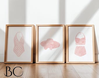 Vintage Style Watercolor Swimsuit Art Prints, Pink Swimsuit Art, Bathing Suit Decor, Beach House or Lake House Nautical Art - Set of 3 Print