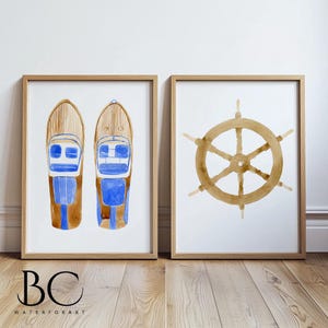 Set of 2 Watercolor prints Vintage speed boat and Ship wheel, Nautical, Coastal decor, Ocean art, Boat art, Home decor, Wall art, Gift ideas