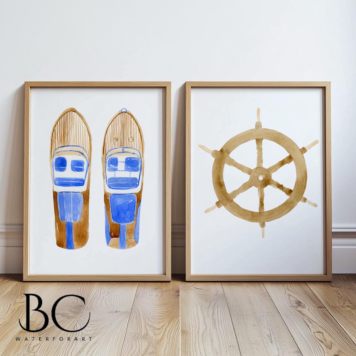 Set of 2 Watercolor prints Vintage speed boat and Ship wheel, Nautical, Coastal decor, Ocean art, Boat art, Home decor, Wall art, Gift ideas