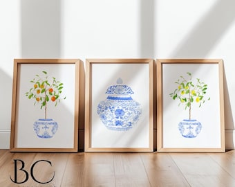 Watercolor Lemon orange Chinoiserie art prints, Set of 3 Blue White porcelain art, Ginger Jar Print, lemon Decor, Blue White Chinoiserie