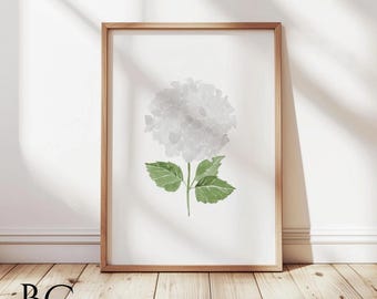 Impressão de hortênsia branca em aquarela, impressão de aquarela floral de hortênsia, arte de parede de hortênsia em aquarela, pintura de hortênsia, decoração floral para casa
